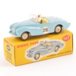 Dinky Toys; no.107 Sunbeam Alpine Sports car, light blue body, cream seats, cream ridged hubs, in