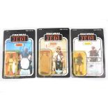 Three Star Wars figures, Klaatu (in Skiff Guard outfit), Weequay, Prune Face,