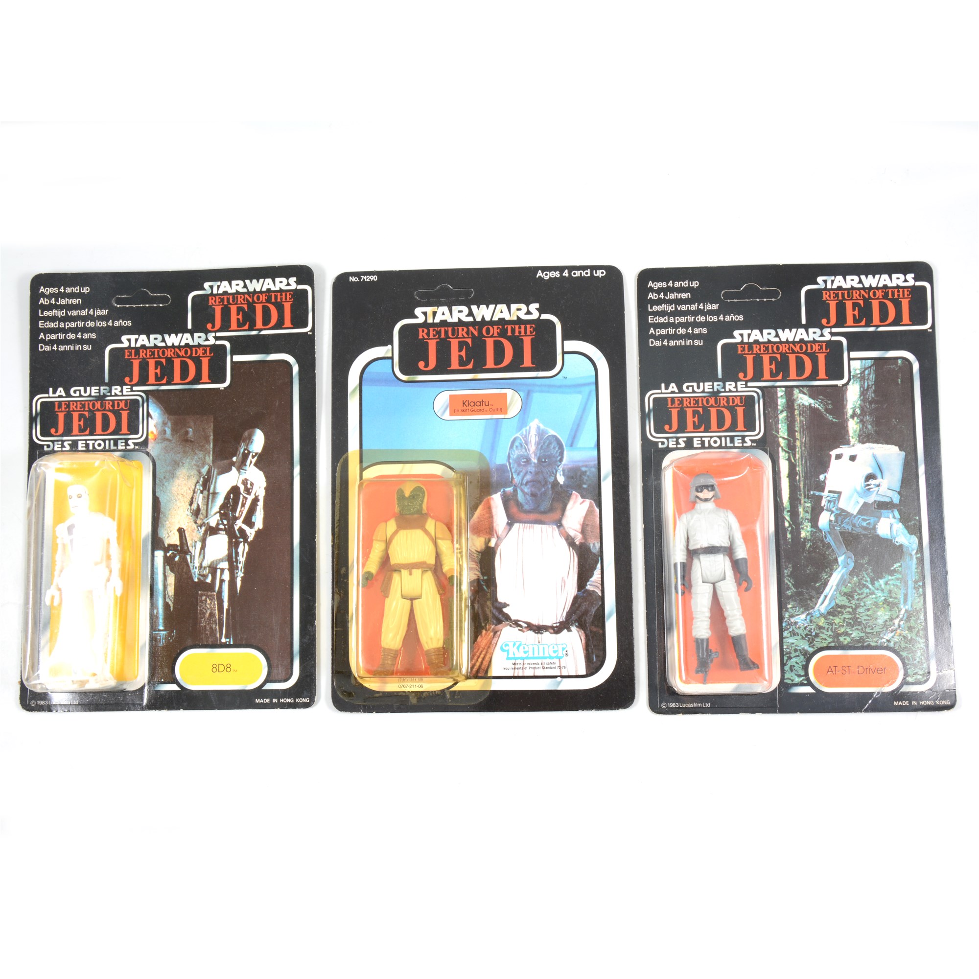 Three Star Wars figures, Klaatu (in Skiff Guard outfit), 8D8 droid, AT-ST Driver,