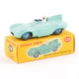 Dinky Toys; no.238 Jaguar Type D racing car, turquoise body, blue ridged hubs, in original box.