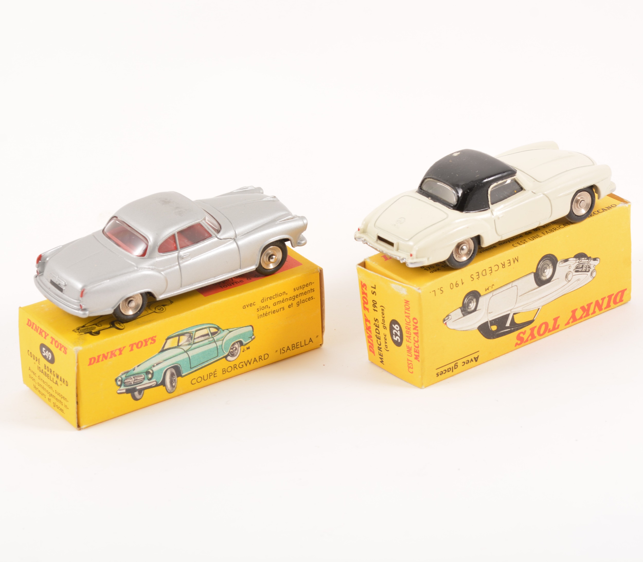 Two French Dinky Toys; no.526 Mercedes 190 SL, cream and black body, no.549 Coupe Borgward Isabella, - Image 2 of 2