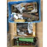 Three boxes of live steam railway parts and spares; including boiler parts/bodies, two locomotive