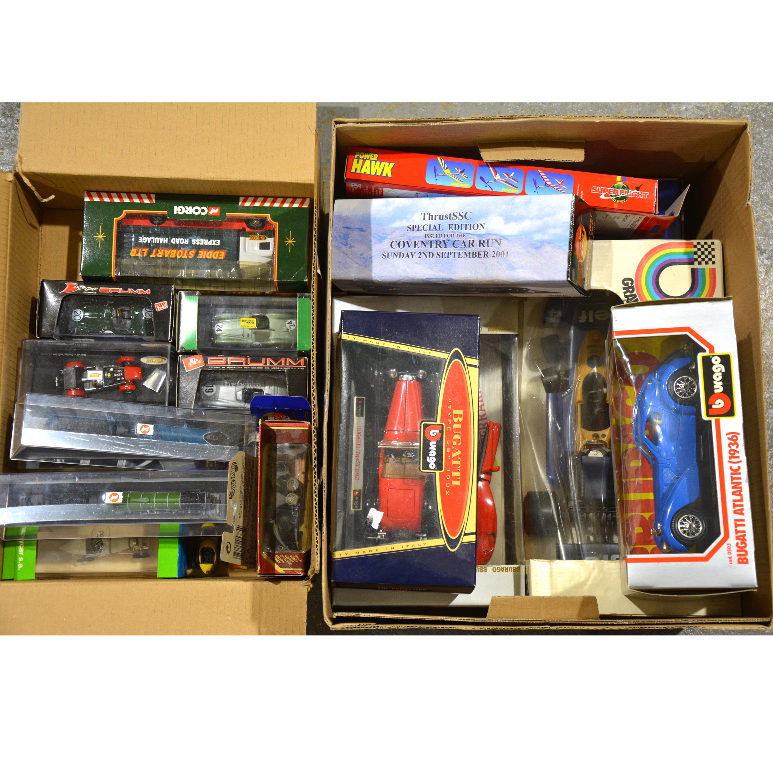 Two boxes of die-cast model and vehicles; including examples by Corgi, Burago, Brumm etc.