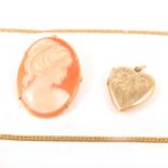 A 9 carat yellow gold locket, cameo brooch, bracelet and pendant and two chains.
