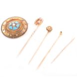 A ruby and diamond horseshoe stick pin, diamond stick pin and target brooch