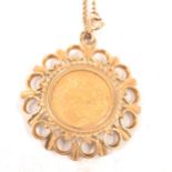 A Gold Full Sovereign pendant and chain.