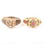 Two Victorian/Edwardian dress rings, a seed pearl ring with enamelled shoulders,