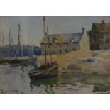 Reginald Jones, harbour scene with fishing smack and cottages, signed watercolour 17cm x 26cm.