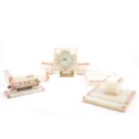 An Art Deco white alabaster and pink veined marble desk set.