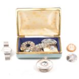 A box of costume jewellery and watches, paste set brooches, a silver demi hunter pocket watch,