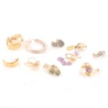 A collection of earrings for pierced ears, cultured pearl studs, amethyst, hoop etc