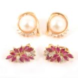 Two pairs of earrings for pierced ears, ruby and simulated pearl.