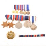 WWII medal, cap badges, pins, commemorative crown