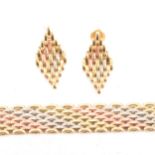 A 9 carat yellow, red and white gold 10mm wide mesh link necklace and pair of matching earrings for