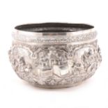 Burmese white metal jardiniere, embossed with figures, 12cm high, approximate weight 26oz.