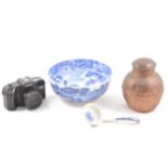 A Copeland Spode bowl and ladle, a copper urn with lid and a Tamashi S-1000F camera.