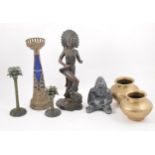 A pair of palm tree candle holders and pricket candlestick, pair of 11cm brass vases, soapstone