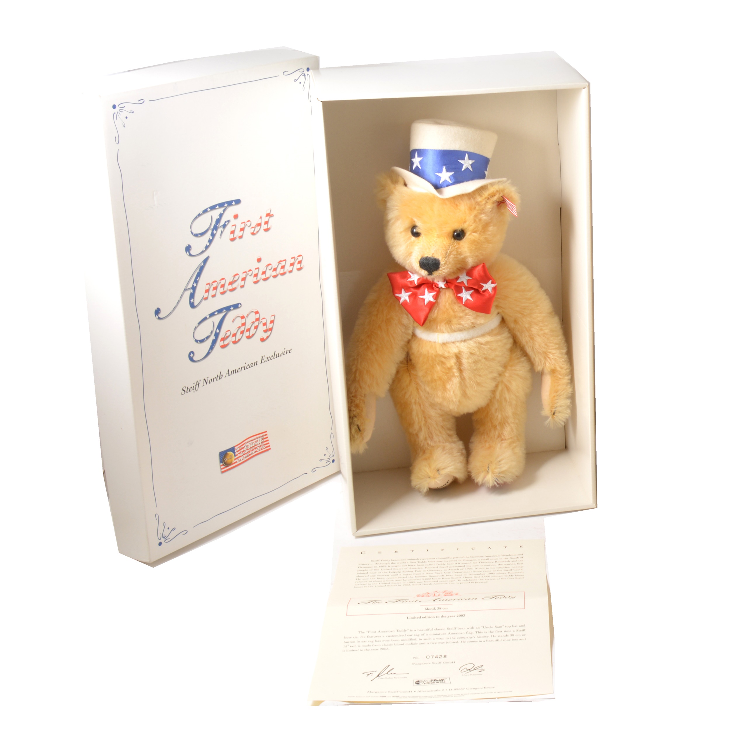 Modern Steiff teddy bear; First American Teddy