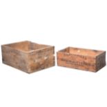 Two vintage wooden stencillied crates, etc.
