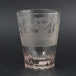 A continental etched glass tumbler etched with a church and country scenes,
