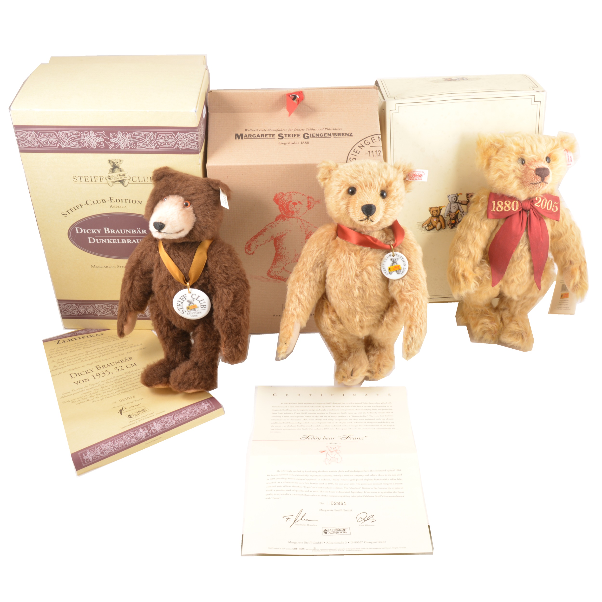 Three Modern Steiff teddy bears, Dicky Brown, 1996/1997 club edition and Teddybar Celebration bear