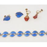 A blue enamel bracelet with pairs of leaf-shape links, marked D A Norway for David Anderson,