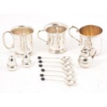 Silver novelty salt and pepper, cream jug, Christening mugs