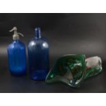 An Art Glass vase, blue soda siphon and other glassware.