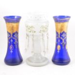 Pair of Bohemian blue glass and enamelled vases and a lustre