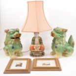 A pair of green glazed Foo dogs, three satsuma table lamps, framed pictures etc