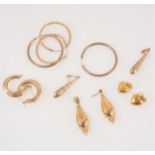 A collection of gold earrings for pierced ears, hoops and drops, total weight approximately 8gms.