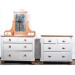 Part-painted pine dressing table and chest of drawers.