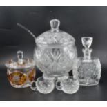 A modern cut glass punch bowl and glasses, cut glass bowls etc.