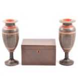 A Victorian mahogany oblong-shape tea caddy, and pair of painted Indian vases