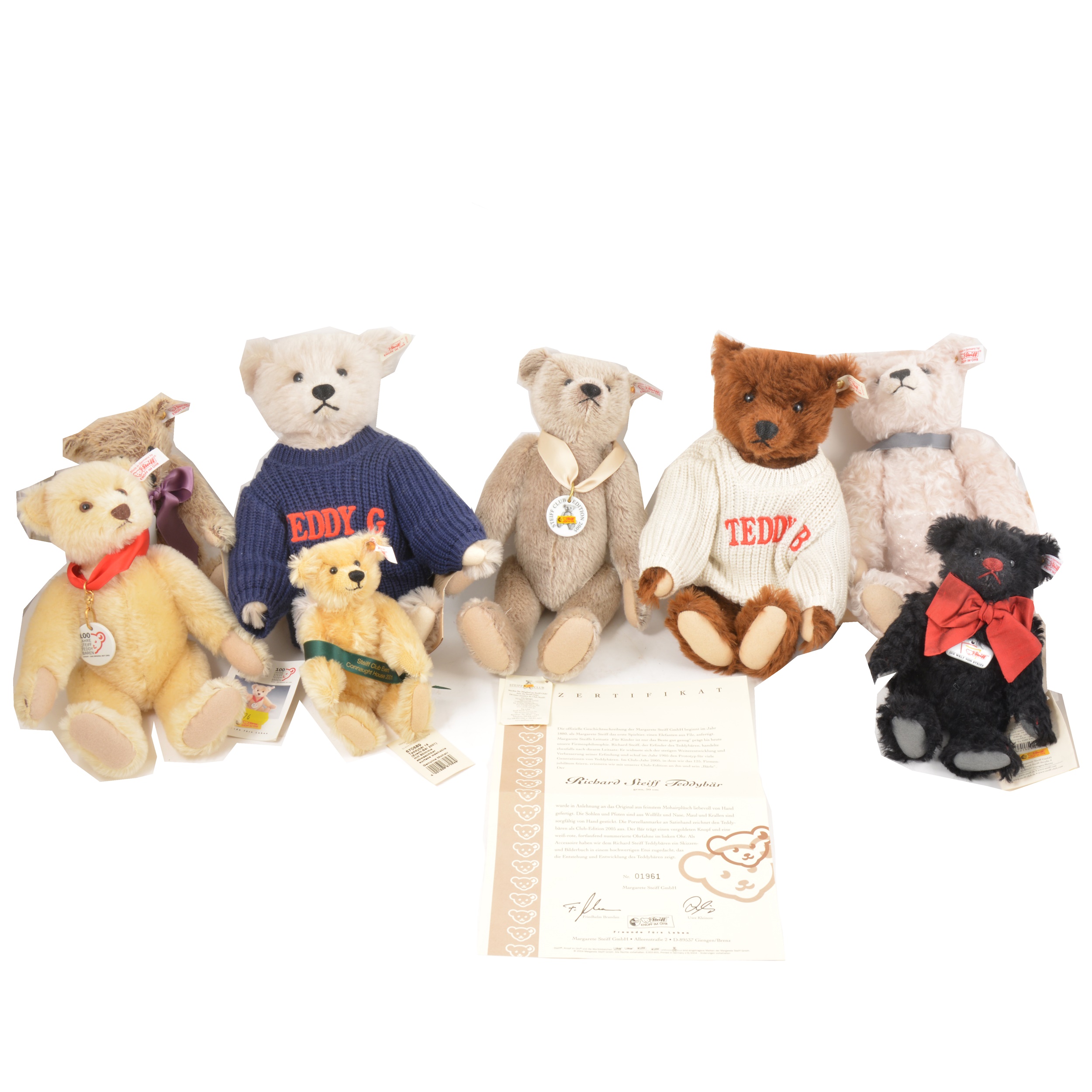 Modern Steiff teddy bears; eight to include Eddy G, Teddy B etc