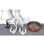 Copper jam pan, Italian chandelier and wall lights and a candlestick telephone lamp, (3).
