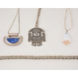 A collection of silver and white metal jewellery, necklaces, chains, pendants, amethyst crystal