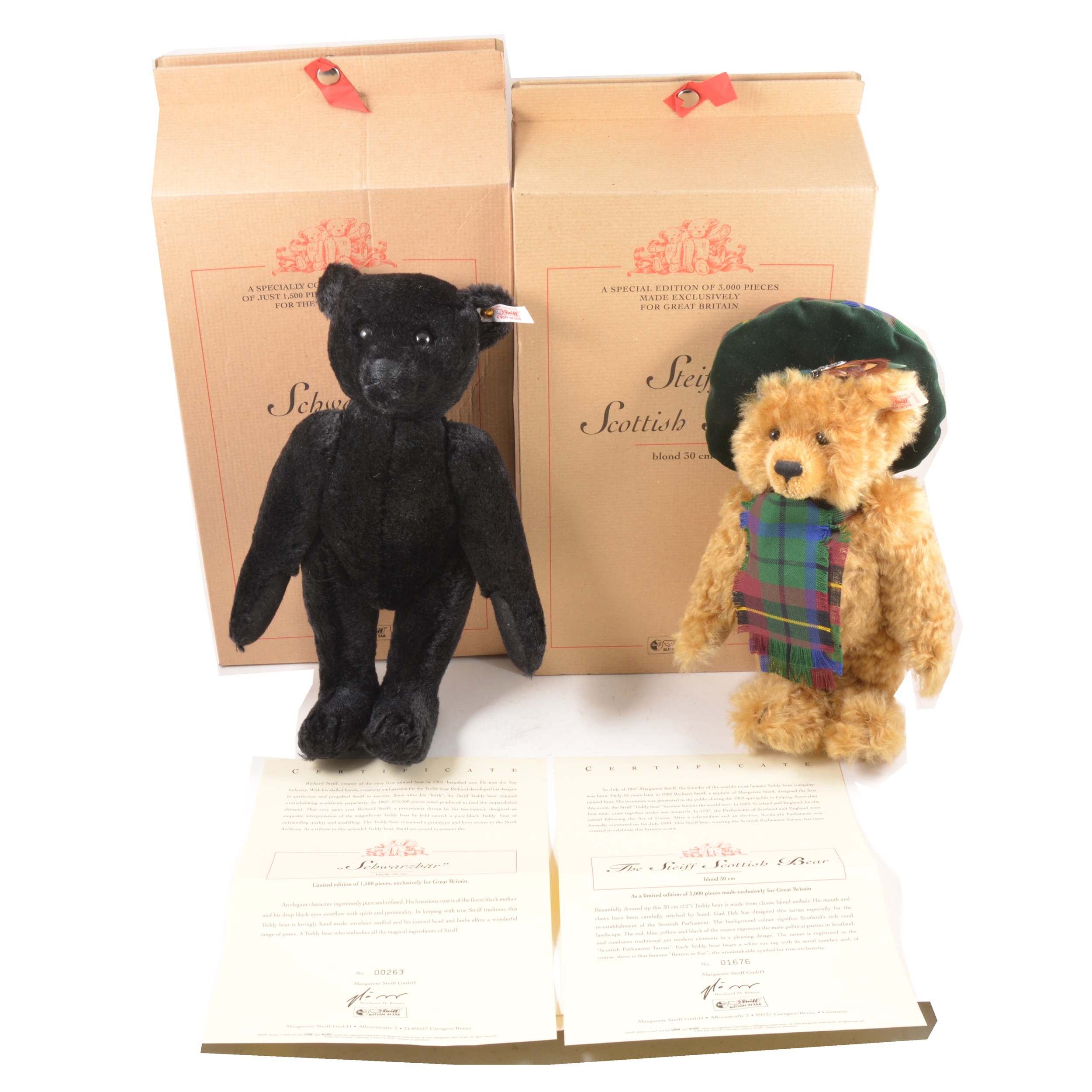 Two Modern Steiff teddy bears; Scottish bear and Schwarzbar.