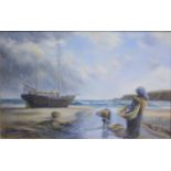 Michael S Kitchen, coastal scene with fishing smack, oil