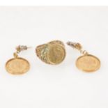 A pair of gold coin earrings and ring.