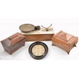 Set of platform scales, lamps and tea caddy's