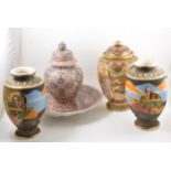 A pair of Japanese Satsuma vases, 32cm, a lidded vase decorated mountain scenes and figures, 36cm,
