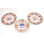 Pair of Chamberlain's Worcester Imari plates and an Imari dish