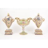 Noritake pedestal bowl and a pair of covered urns,