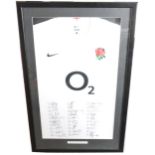 An England Rugby Squad Shirt - 2012, verses Fiji, Australia, South Africa, New Zealand, framed and