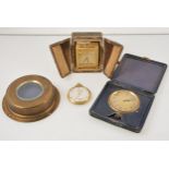 A Zenith gilt metal travel alarm clock in fitted case, Romeo gold-plated open face pocket watch,