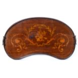 Edwardian mahogany marquetry kidney shaped tray