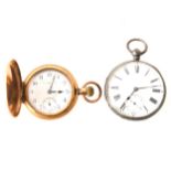 A silver open face pocket watch and a gold-plated demi hunter pocket watch