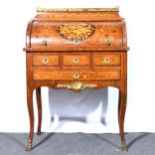 French walnut and marquetry bureau a cylindre