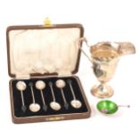 A silver cream jug, maker's mark rubbed, London 1926, a modern Irish silver mini salt and spoon,